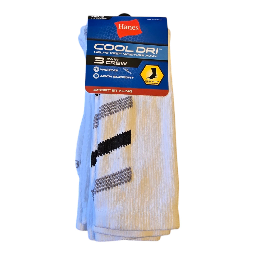 Hanes Cool Dri Crew Socks Mens Size 6-12 White/Black/Gray Sport Styling 3-Pack